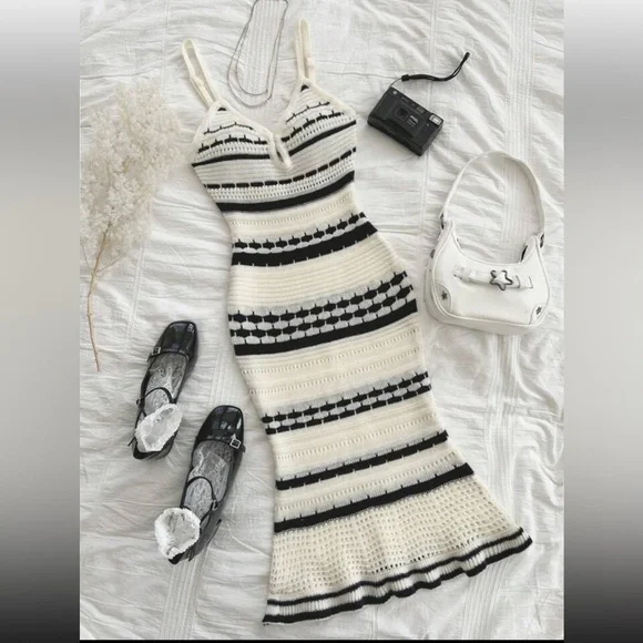 SHEIN Cream and Black Striped Crochet Midi Dress - Picture 2 of 15